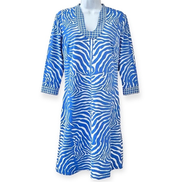 J MCLAUGHLIN Blue Zebra Catalina Cloth Stretch Jersey Shift Tunic Dress S NWOT - Picture 1 of 10
